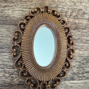 Vintage HOMCO mcm Oval Wall Hanging Mirror Resin Faux Rattan Ornate Accent 9"
